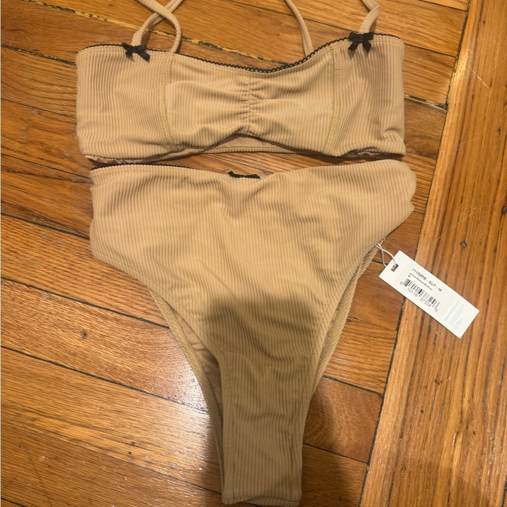 Frankie's Bikinis Ribbed Bandeau Bikini Set in Tan